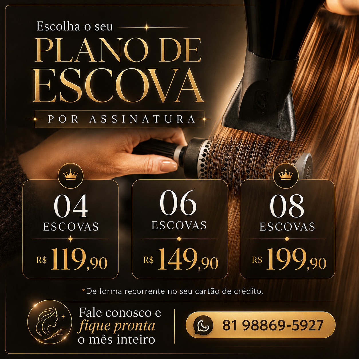 Plano de escova por assinatura Clube Embelezaar — 04 escovas por R$ 119,90, 06 escovas por R$ 149,90 e 08 escovas por R$ 199,90